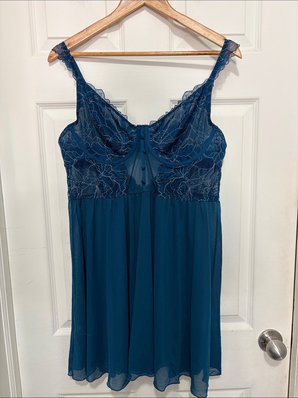Dark Teal Blue Sheer Chiffon and Lace Babydoll Chemise by La Vie En Rose.